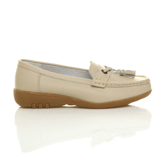 Right side view of Beige Low Heel Wedge Comfort Boat Shoes Loafers