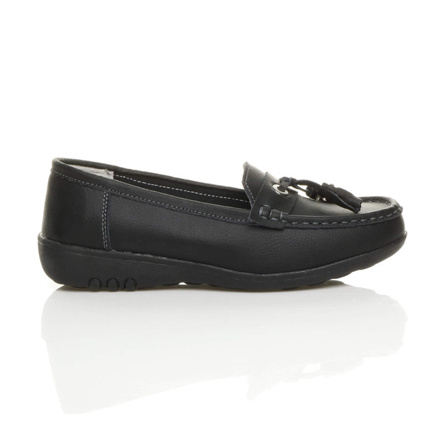 Right side view of Black Low Heel Wedge Comfort Boat Shoes Loafers