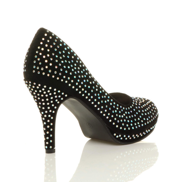 Back right side view of Black Diamante Glitter High Heel Platform Court Shoes