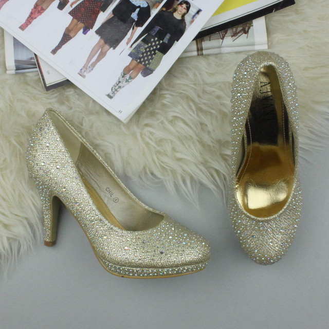 Closeup view of features of Gold Diamante Glitter High Heel Platform Court Shoes
