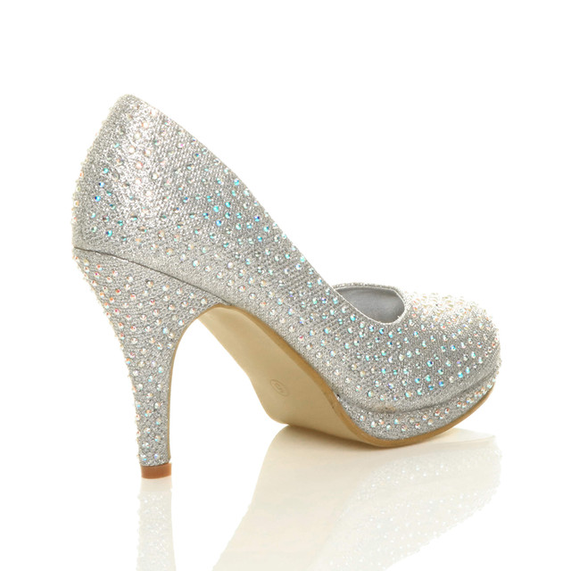 Back right side view of Silver Diamante Glitter High Heel Platform Court Shoes