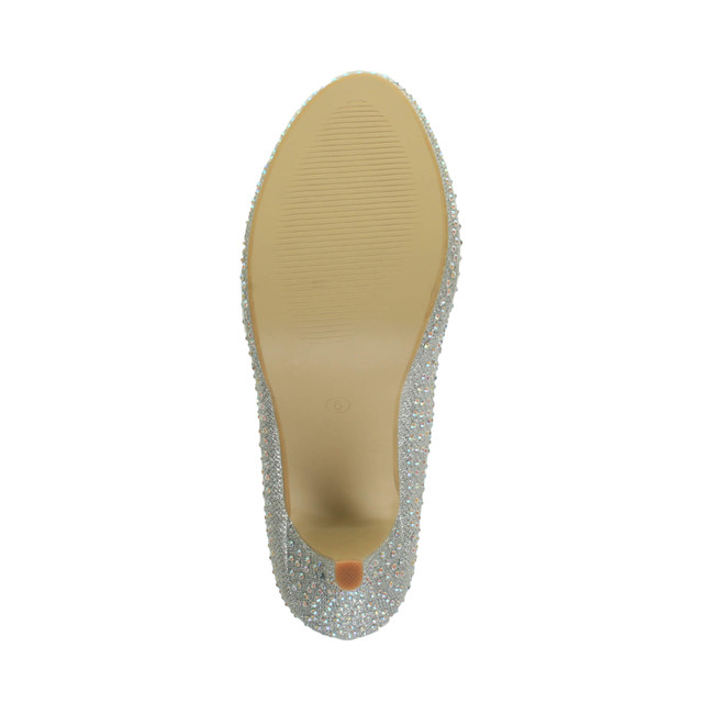 Bottom view of the sole of Silver Diamante Glitter High Heel Platform Court Shoes