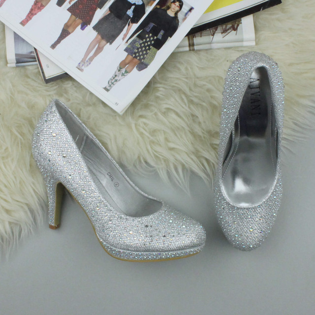 Closeup view of features of Silver Diamante Glitter High Heel Platform Court Shoes