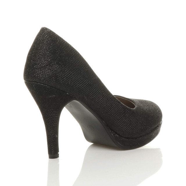 Back right side view of Black Glitter High Heel Platform Court Shoes