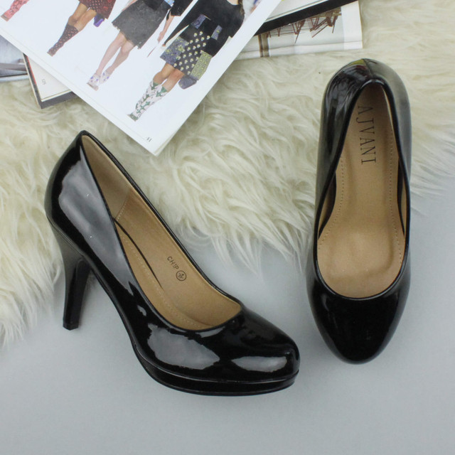 Closeup view of features of Black Patent High Heel Platform Court Shoes