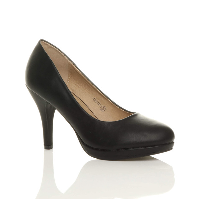 Front right side view of Black PU High Heel Platform Court Shoes