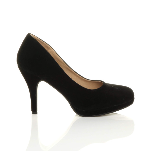 Right side view of Black Suede High Heel Platform Court Shoes