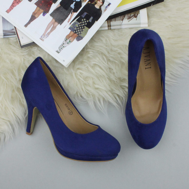 Closeup view of features of Cobalt Blue Suede High Heel Platform Court Shoes