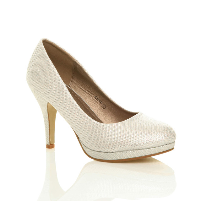 Front right side view of Ivory Glitter High Heel Platform Court Shoes