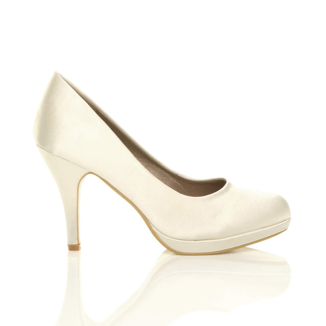 Right side view of Ivory Satin High Heel Platform Court Shoes