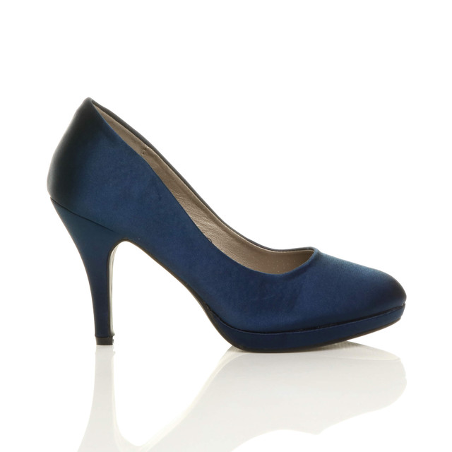 Right side view of Navy Satin High Heel Platform Court Shoes