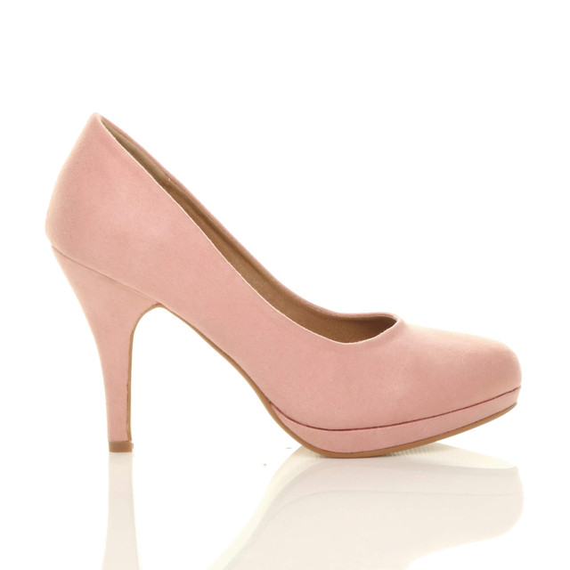 Right side view of Baby Pink Suede High Heel Platform Court Shoes