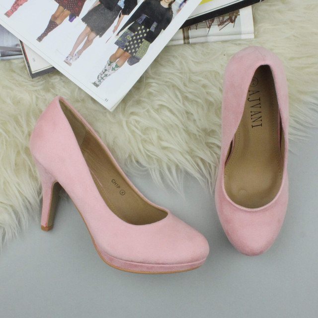 Closeup view of features of Baby Pink Suede High Heel Platform Court Shoes