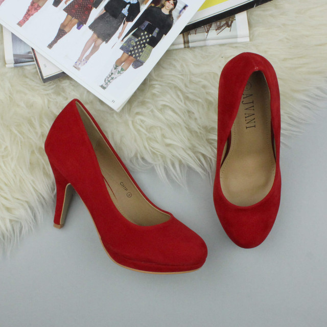Closeup view of features of Red Suede High Heel Platform Court Shoes