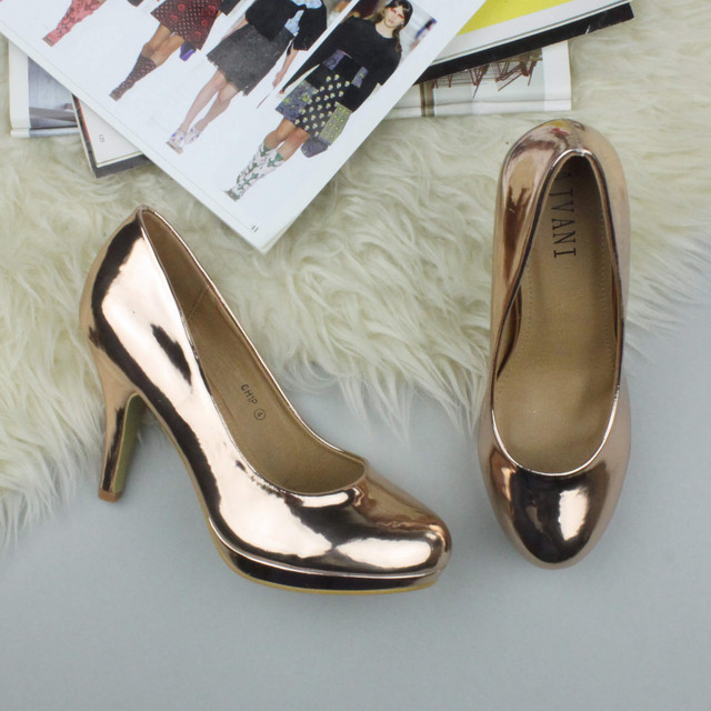 Closeup view of features of Rose Gold PU High Heel Platform Court Shoes