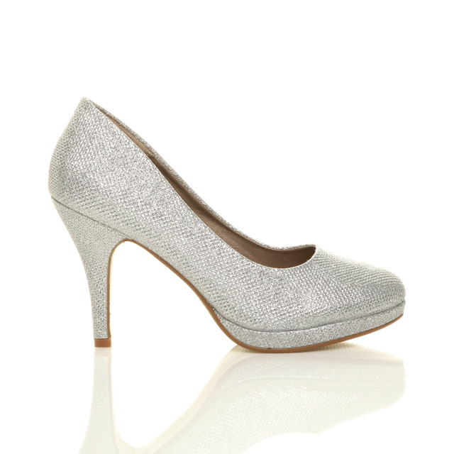 Right side view of Silver Glitter High Heel Platform Court Shoes