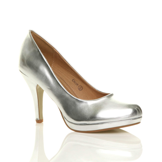 Front right side view of Silver PU High Heel Platform Court Shoes