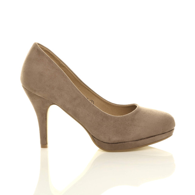 Right side view of Taupe Suede High Heel Platform Court Shoes