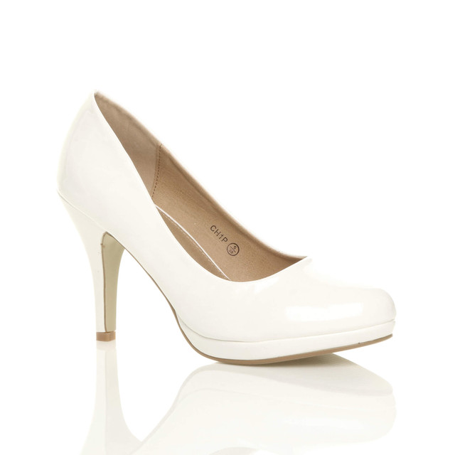 Front right side view of White Patent High Heel Platform Court Shoes