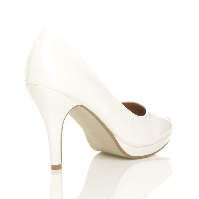 Back right side view of White Patent High Heel Platform Court Shoes
