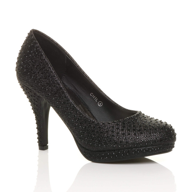 Front right side view of Black Mesh Diamante High Heel Platform Court Shoes
