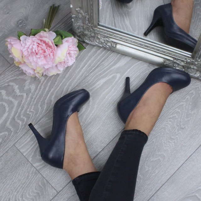 Model wearing Navy PU High Heel Platform Court Shoes