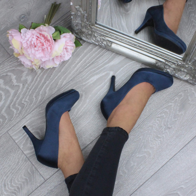 Model wearing Navy Satin High Heel Platform Court Shoes