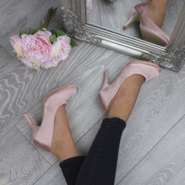 Model wearing Champagne Pink Satin High Heel Platform Court Shoes