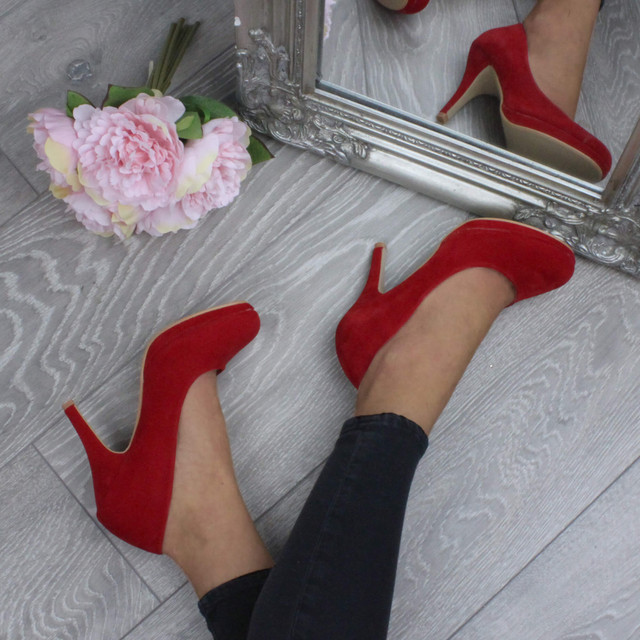 Model wearing Red Suede High Heel Platform Court Shoes