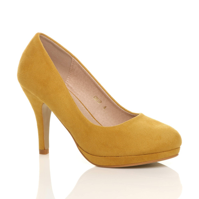 Front right side view of Mustard Suede High Heel Platform Court Shoes