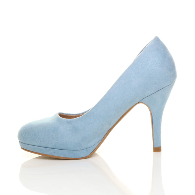 Left side view of Pale Blue Suede High Heel Platform Court Shoes