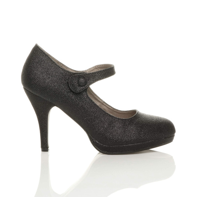 Right side view of Black Glitter High Heel Platform Mary Jane Court Shoes