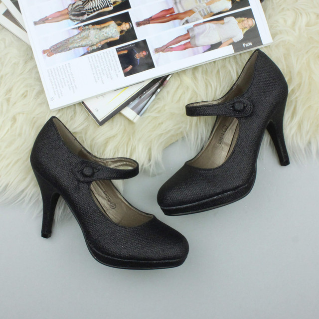 Closeup view of features of Black Glitter High Heel Platform Mary Jane Court Shoes