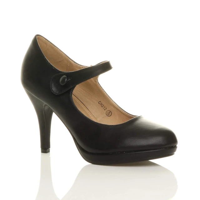 Front right side view of Black PU High Heel Platform Mary Jane Court Shoes