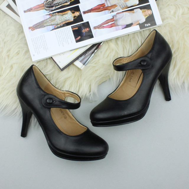 Closeup view of features of Black PU High Heel Platform Mary Jane Court Shoes