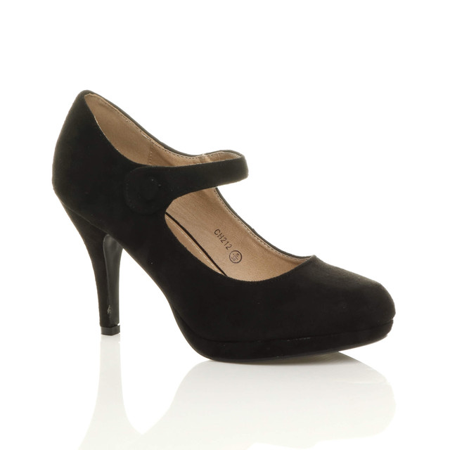 Front right side view of Black Suede High Heel Platform Mary Jane Court Shoes