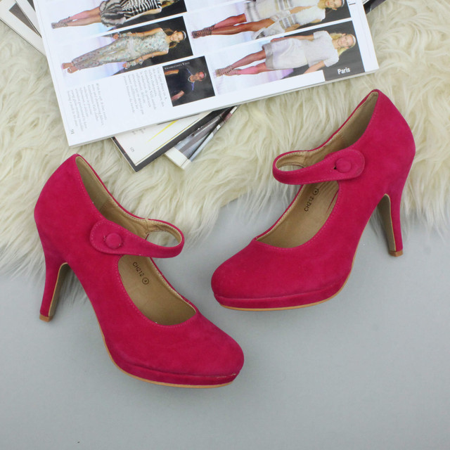 Closeup view of features of Fuchsia Pink Suede High Heel Platform Mary Jane Court Shoes
