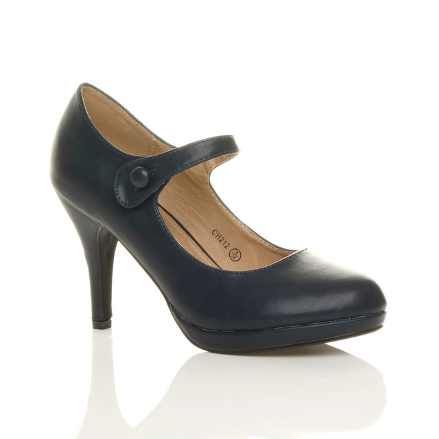 Front right side view of Navy PU High Heel Platform Mary Jane Court Shoes