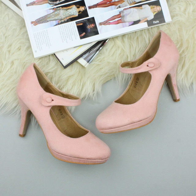 Closeup view of features of Baby Pink Suede High Heel Platform Mary Jane Court Shoes