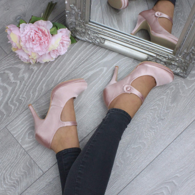 Closeup view of features of Champagne Pink Satin High Heel Platform Mary Jane Court Shoes