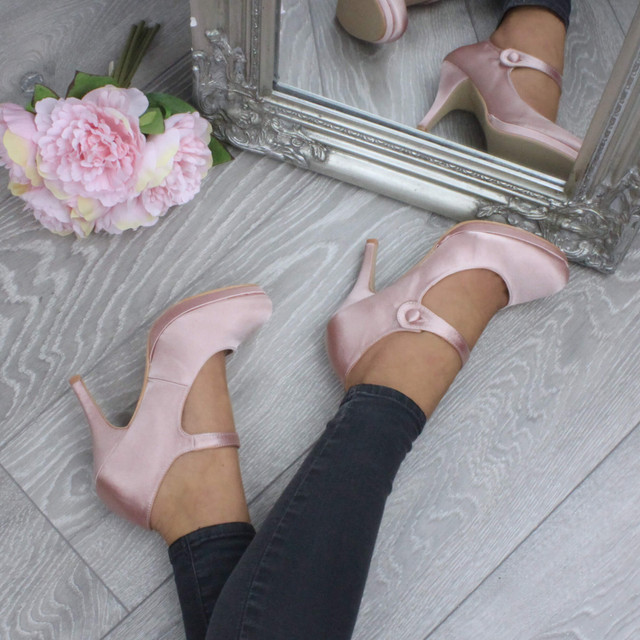 Model wearing Champagne Pink Satin High Heel Platform Mary Jane Court Shoes