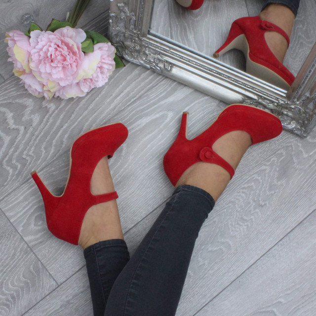 Model wearing Red Suede High Heel Platform Mary Jane Court Shoes