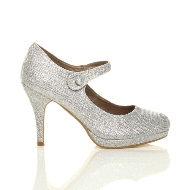Right side view of Silver Glitter High Heel Platform Mary Jane Court Shoes
