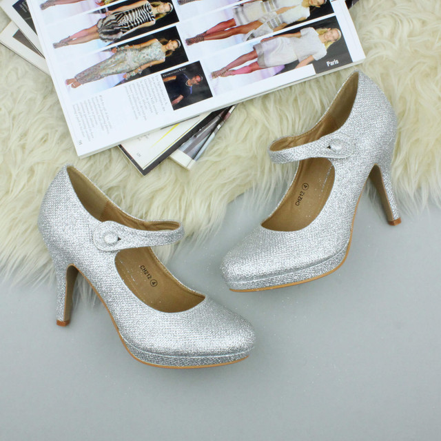 Closeup view of features of Silver Glitter High Heel Platform Mary Jane Court Shoes
