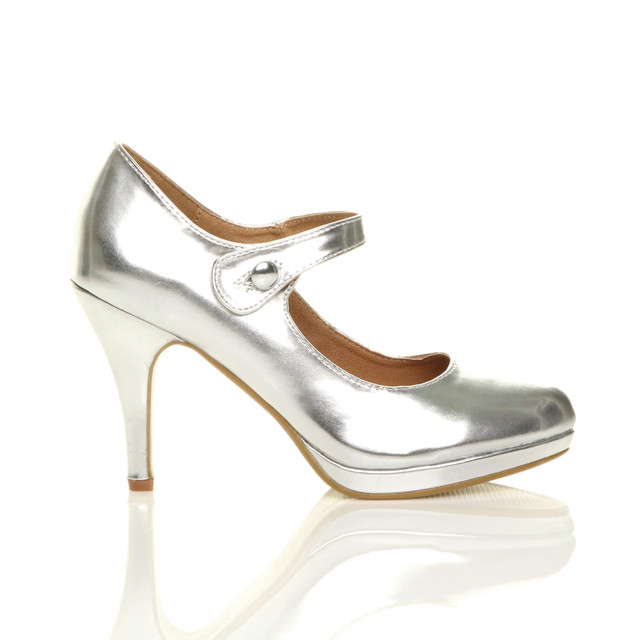 Right side view of Silver PU High Heel Platform Mary Jane Court Shoes