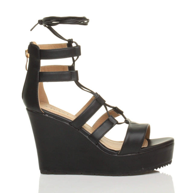 Right side view of Black PU High Heel Wedge Lace Up Ghillie Sandals