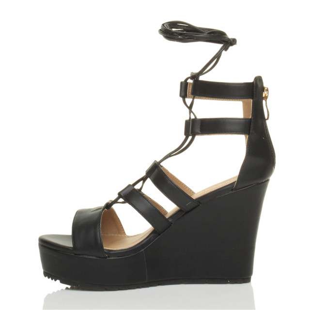 Left side view of Black PU High Heel Wedge Lace Up Ghillie Sandals