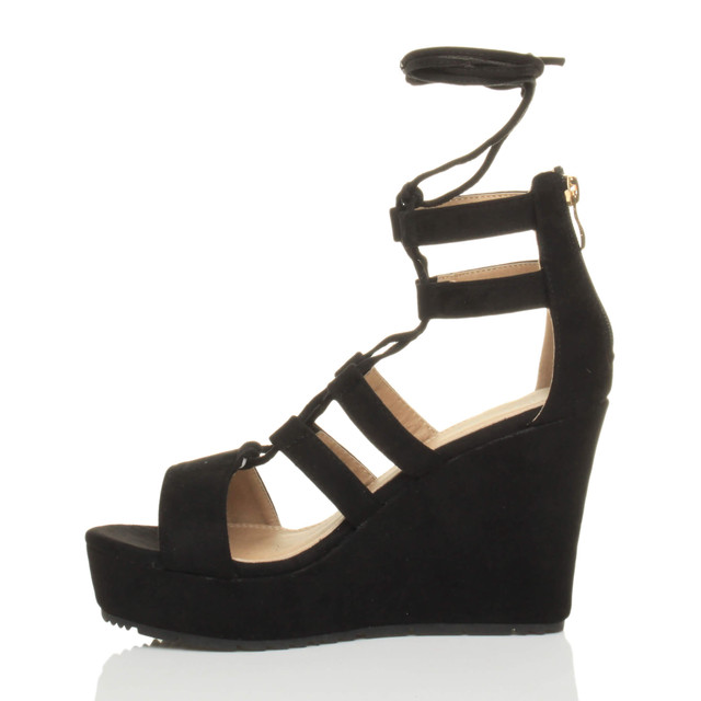 Left side view of Black Suede High Heel Wedge Lace Up Ghillie Sandals