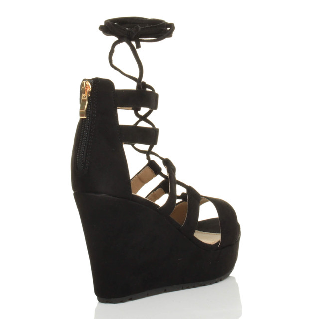 Back right side view of Black Suede High Heel Wedge Lace Up Ghillie Sandals