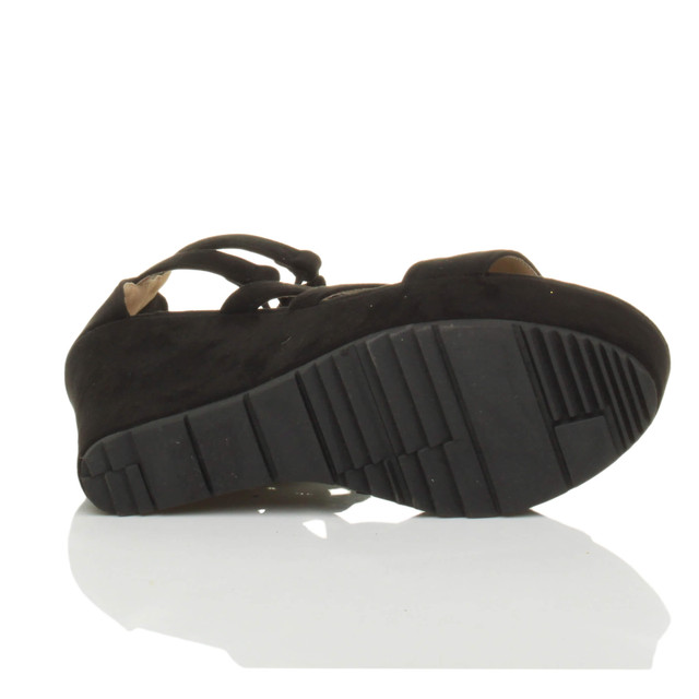 Bottom view of the sole of Black Suede High Heel Wedge Lace Up Ghillie Sandals